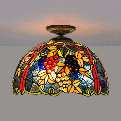 Victorian Domed Flush Ceiling Light - Brass With Grape Pattern 12/16.5 Width Stained Glass 1-Light