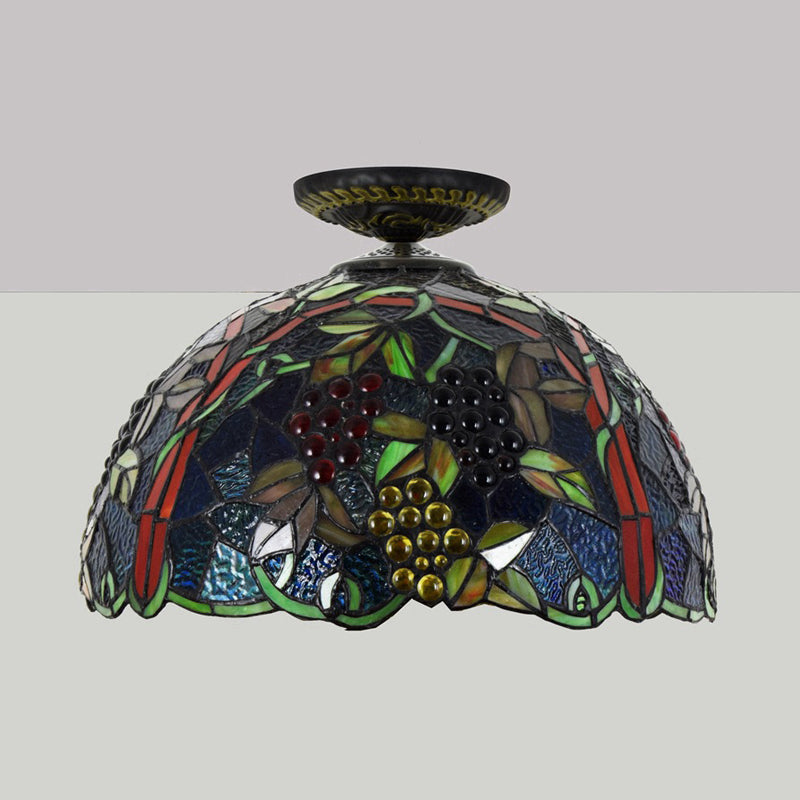 Victorian Domed Flush Ceiling Light - Brass With Grape Pattern 12’/16.5’ Width Stained Glass 1
