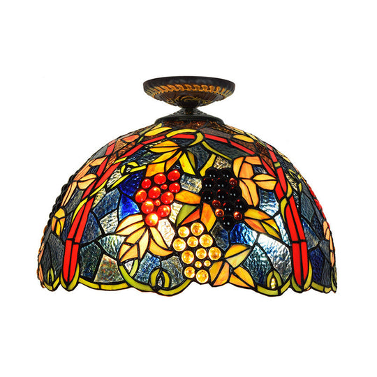 Victorian Domed Flush Ceiling Light - Brass With Grape Pattern 12/16.5 Width Stained Glass 1-Light