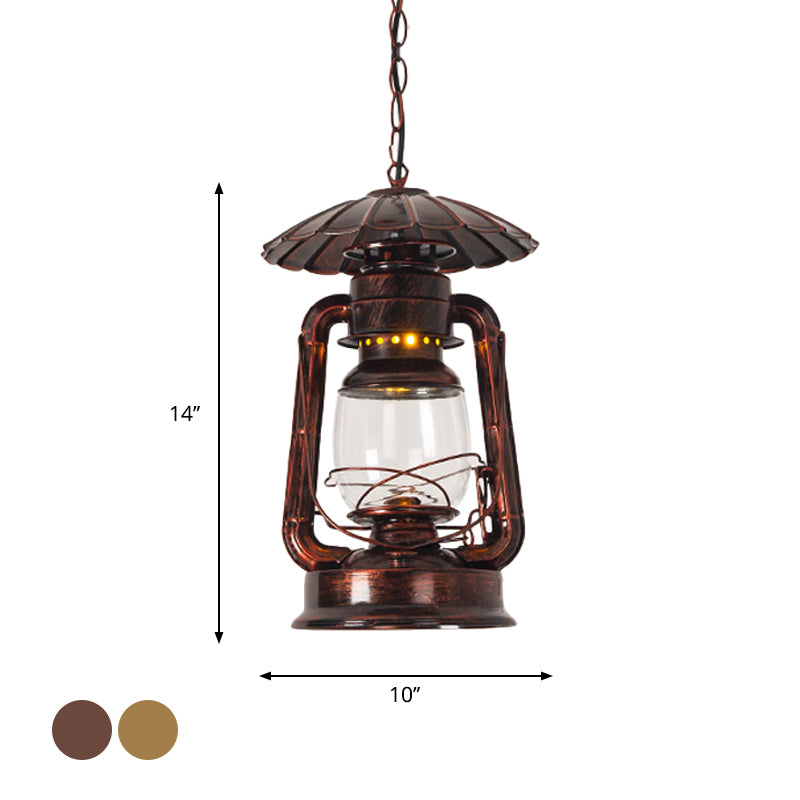 Coastal Restaurant 1-Head Metal Pendant Lamp With Clear Kerosene Glass Shade In Brass/Copper