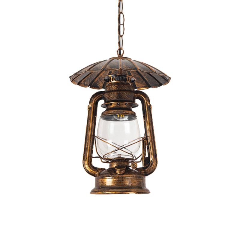 Coastal Restaurant 1-Head Metal Pendant Lamp With Clear Kerosene Glass Shade In Brass/Copper