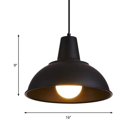 Vintage Dome Iron Hanging Light Kit - 12/16 Wide Restaurant Suspension Pendant In White/Black