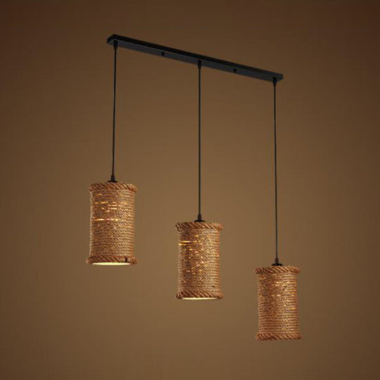 3-Head Brown Rope Pendant Light For Dining Room Ceiling With Round/Linear Canopy