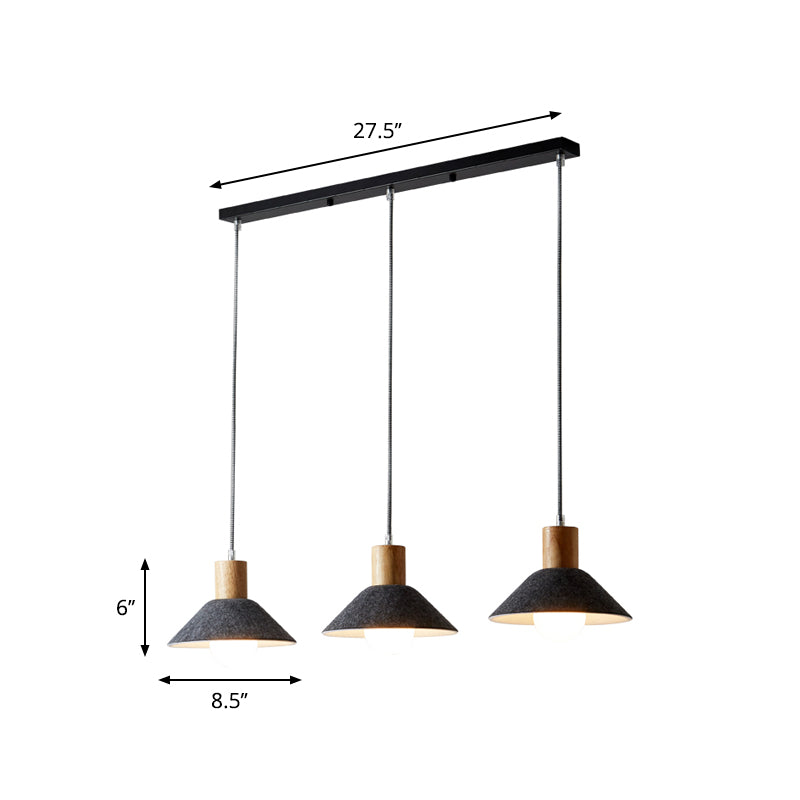 Industrial Grey Pendant Lighting With Conical Shape - 3 Lights Wooden Cap Perfect For Dining Room