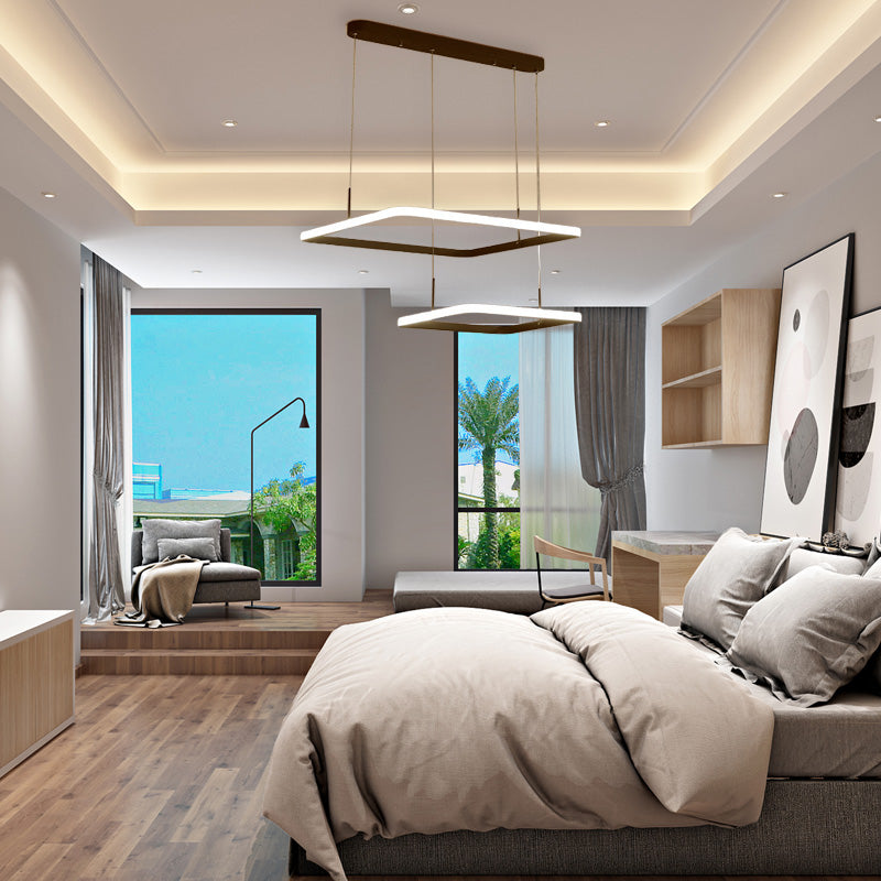 Contemporary 2/3/5-Head Chandelier Lamp - Brown Rectangle Suspension Light With Acrylic Shade In