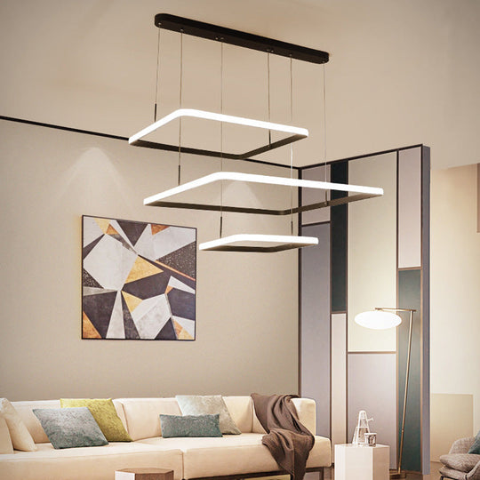 Contemporary Chandelier Lamp - Modern Brown Rectangle Suspension Light With Acrylic Shade In
