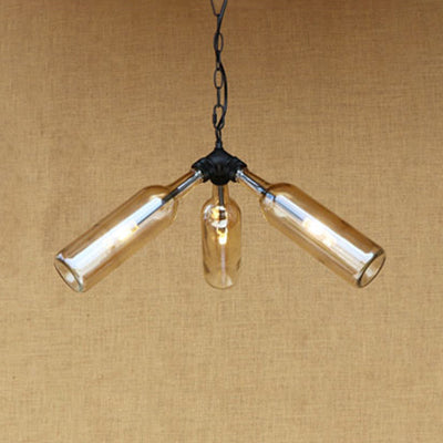 Rustic Blue/Clear Glass Pendant Light Fixture With Chain - Stylish 3 Bulbs Bottle Chandelier Lamp