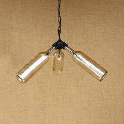 Rustic Blue/Clear Glass Pendant Light Fixture With Chain - Stylish 3 Bulbs Bottle Chandelier Lamp