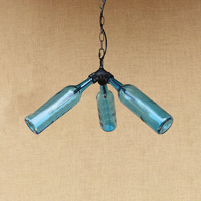 Rustic Blue/Clear Glass Pendant Light Fixture With Chain - Stylish 3 Bulbs Bottle Chandelier Lamp