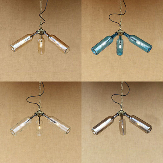 Industrial Style 3-Light Glass Bottle Chandelier With Pipe Design In Black/Clear