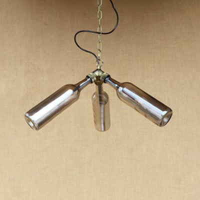 Industrial Style 3-Light Glass Bottle Chandelier With Pipe Design In Black/Clear