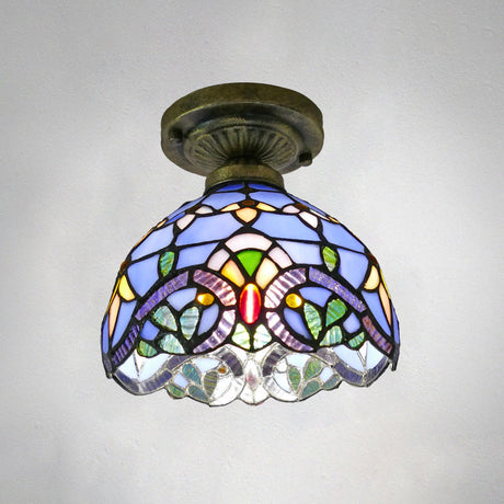 Stained Glass Vintage Dome Ceiling Light Fixture For Corridor - Semi Flush Includes 1 Bulb Blue / 8