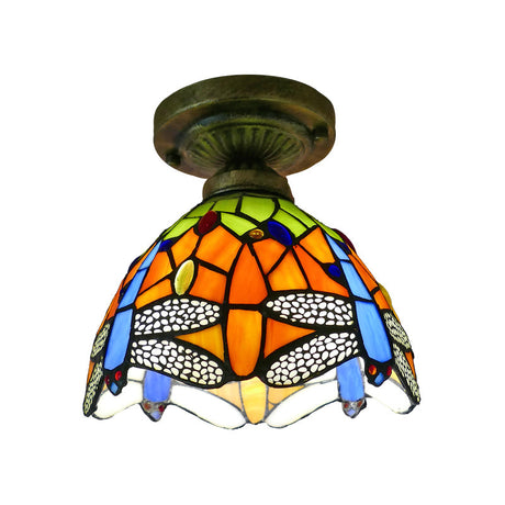 Tiffany Style Stained Glass Semi Flush Ceiling Light Fixture With Bowl Shade