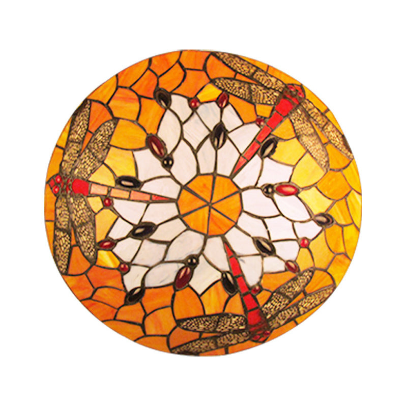 Tiffany Style Dragonfly Glass Flushmount Ceiling Light With Handcrafted Detailing - Set Of 3 Bulbs