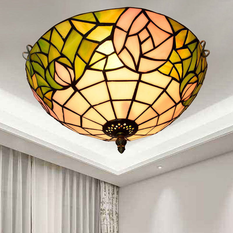 Stained Art Glass Flush Mount Ceiling Light With Traditional Bowl Shade Green / 12