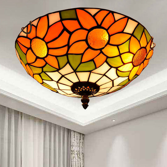 Stained Art Glass Flush Mount Ceiling Light With Traditional Bowl Shade Orange / 12