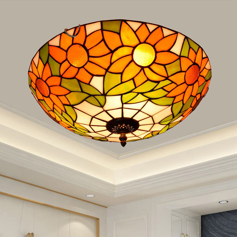 Stained Art Glass Flush Mount Ceiling Light With Traditional Bowl Shade Orange / 16