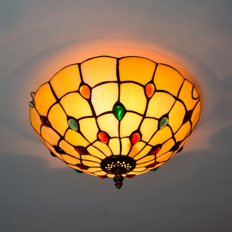 Stained Art Glass Flush Mount Ceiling Light With Traditional Bowl Shade Lemon Yellow / 12