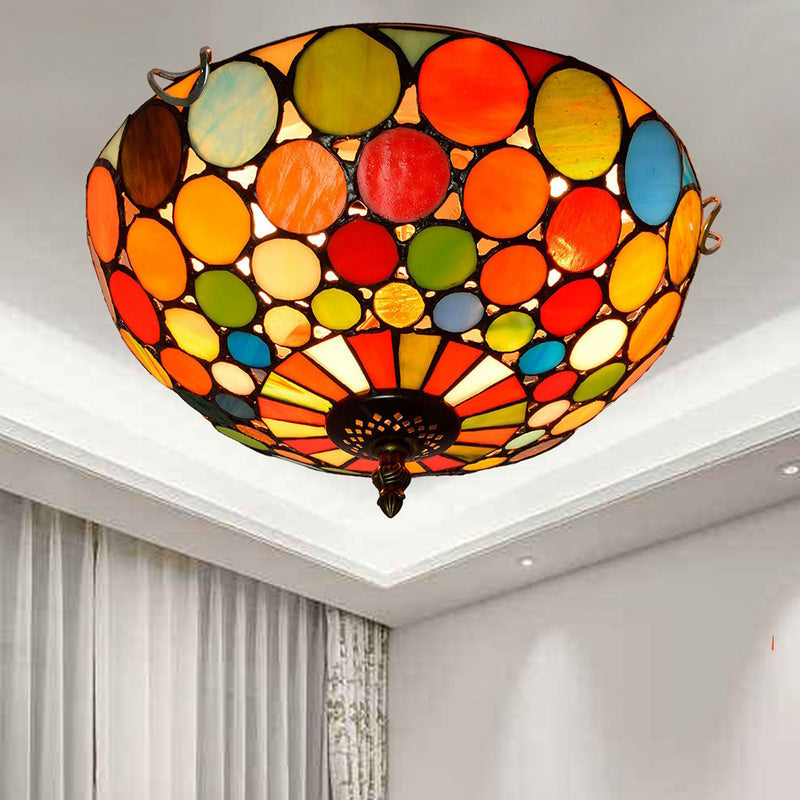Stained Art Glass Flush Mount Ceiling Light With Traditional Bowl Shade Red / 12