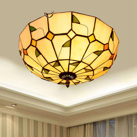 Stained Art Glass Flush Mount Ceiling Light With Traditional Bowl Shade Dark Beige / 16