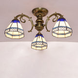 Tiffany Style Stained Glass Ceiling Light Fixture - Blue 3 Heads Bell Shade Semi Flush