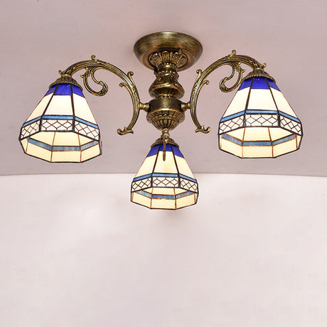 Tiffany Style Stained Glass Ceiling Light Fixture - Blue 3 Heads Bell Shade Semi Flush