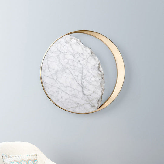 Marble Gold Led Wall Light With Moon Sconce Design And Metallic Ring - Elegant Bedside Fixture