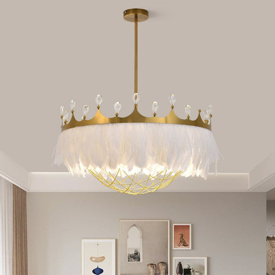 Crown Feather Ceiling Light With Crystal For Girls’ Bedroom