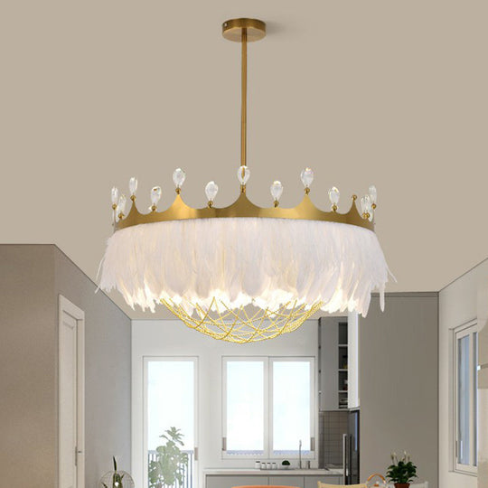 Crown Feather Ceiling Light: Artistic 1-Head Hanging Lamp For Girls Bedroom With Chain Net & Crystal