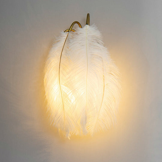 Gold Curved Sconce - Simplicity Feather Wall Light Fixture For Bedside / White B