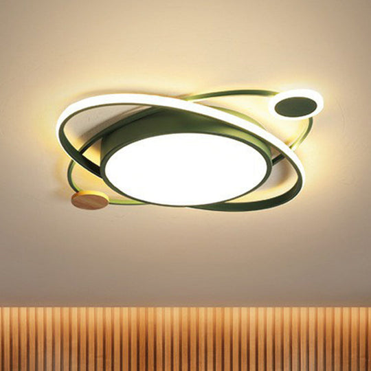 Macaron Led Orbit Flush Mount Lighting For Kids’ Bedroom Ceiling - Metallic Color Green / Small