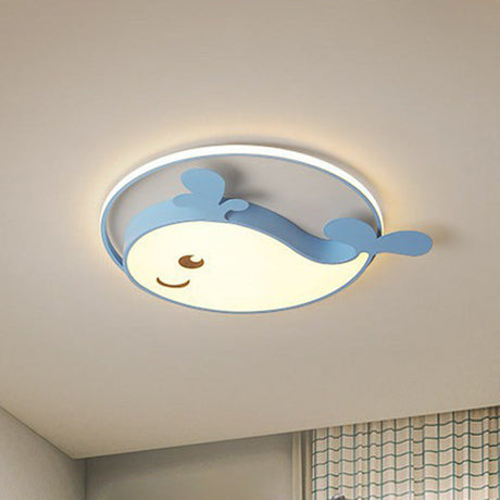 Dolphin-Shaped Led Flush Ceiling Light For Kids Bedroom In Metallic Finish Blue / White