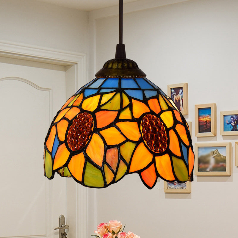 Shaded Tiffany Glass Pendant Light - Elegant 1-Bulb Suspension Fixture For Corridor Orange