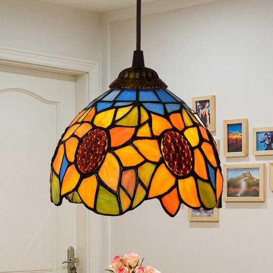 Shaded Tiffany Glass Pendant Light - Elegant 1-Bulb Suspension Fixture For Corridor Orange