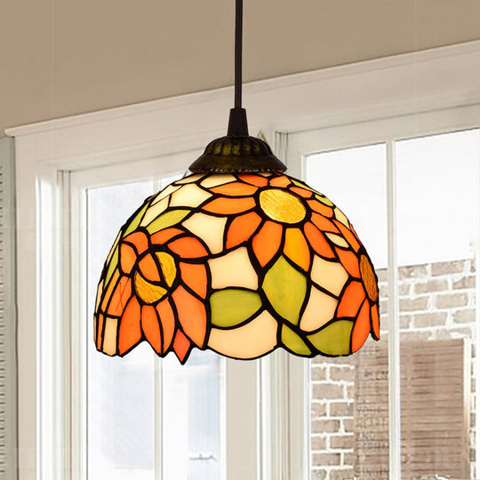 Shaded Tiffany Glass Pendant Light - Elegant 1-Bulb Suspension Fixture For Corridor Orange
