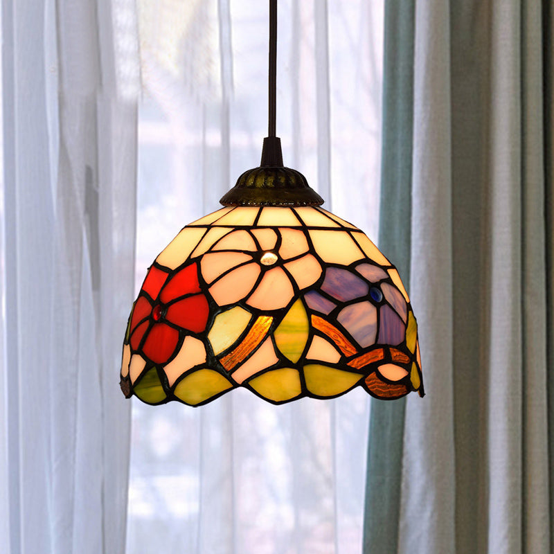 Shaded Tiffany Glass Pendant Light - Elegant 1-Bulb Suspension Fixture For Corridor Apricot