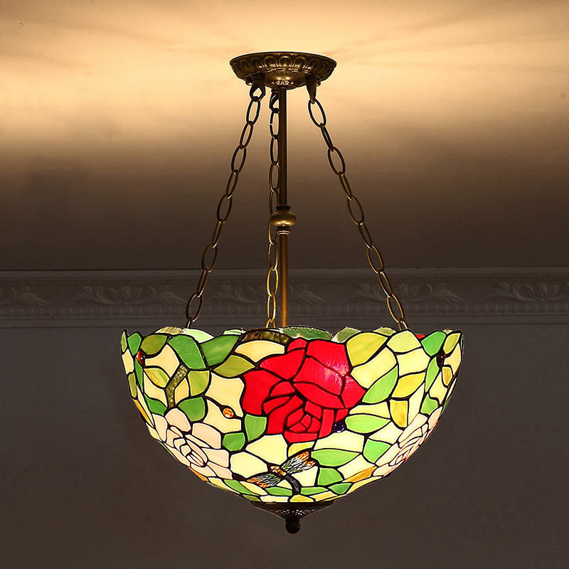 Tiffany-Style Pendant Light With Stained Art Glass Bowl Shade For Ceiling Suspension Turquoise