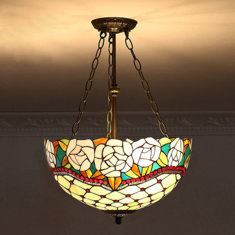 Tiffany-Style Stained Glass Pendant Ceiling Light - Bowl Shade Suspension Lighting Apricot