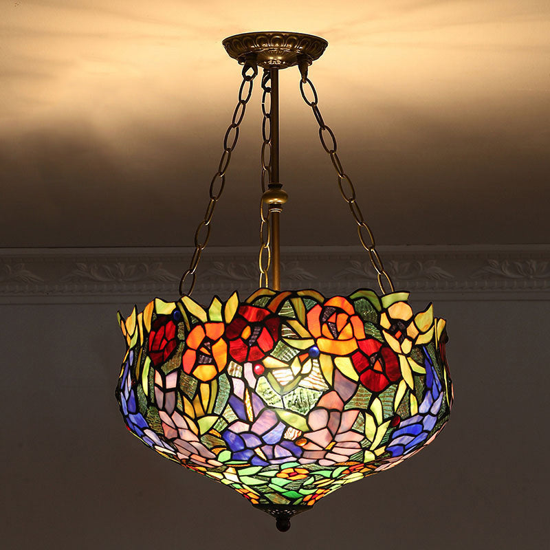 Tiffany-Style Pendant Light With Stained Art Glass Bowl Shade For Ceiling Suspension Army Green