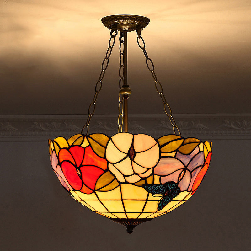 Tiffany-Style Pendant Light With Stained Art Glass Bowl Shade For Ceiling Suspension Yellow