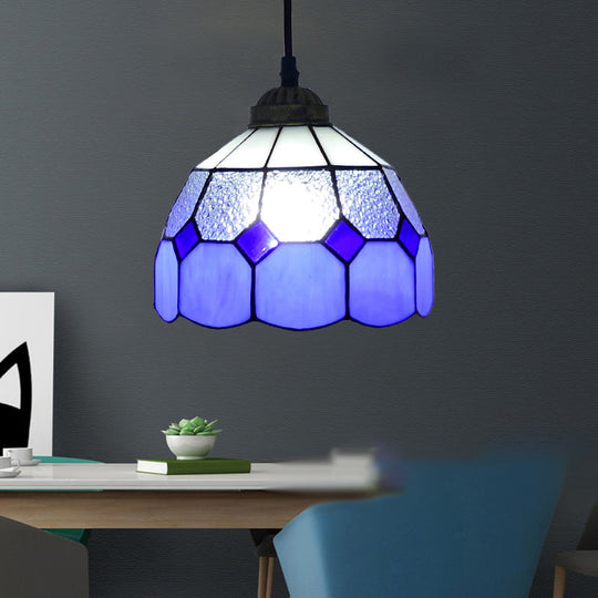 Vintage Stained Glass Pendant Light With Scalloped Dome Design Ocean Blue / B