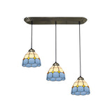 Bronze Stained Glass Pendant Light With Traditional Shade Design - 3 Heads / Blue Square
