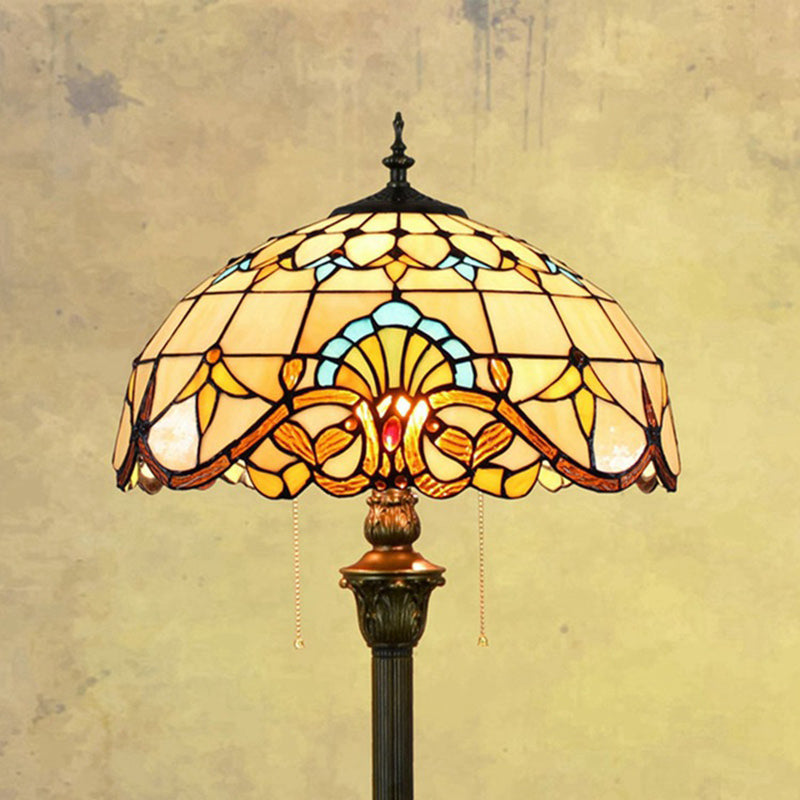 Baroque Brown Stained Glass Floor Lamp With Scalloped Dome Design Dual Heads Pull Chain - Ideal For