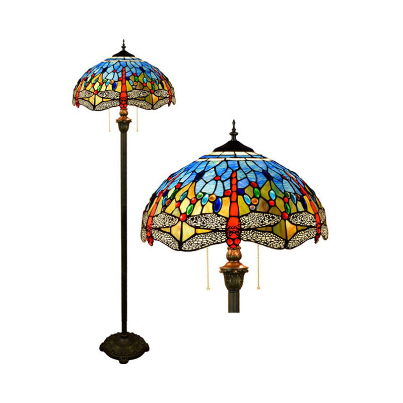 Dragonfly Stained Art Glass Tiffany Floor Lamp - 2 Heads Blue With Pull Chain