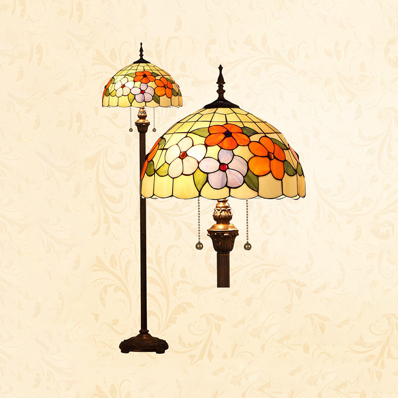 Vintage Beige Stained Glass Stand Up Lamp With Pull Chain - 2 Bulb Flower Floor Lighting For Living