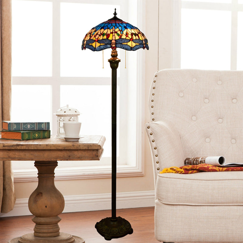 Tiffany Dome Shade Floor Lamp - Handcrafted Glass Pull Chain 2 Bulbs Dark Blue