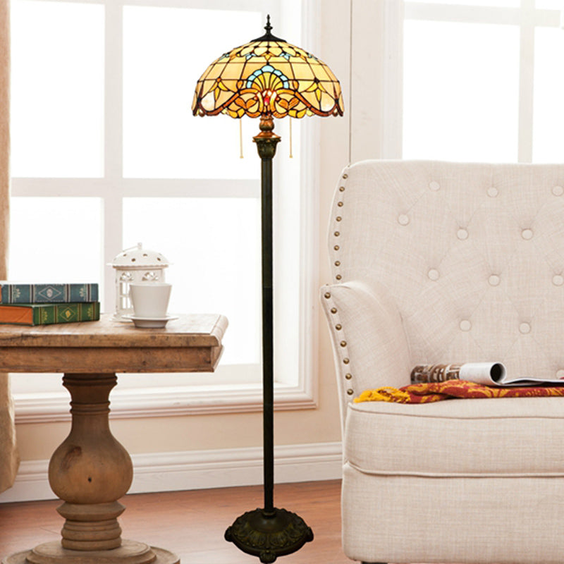 Tiffany Dome Shade Floor Lamp - Handcrafted Glass Pull Chain 2 Bulbs Beige