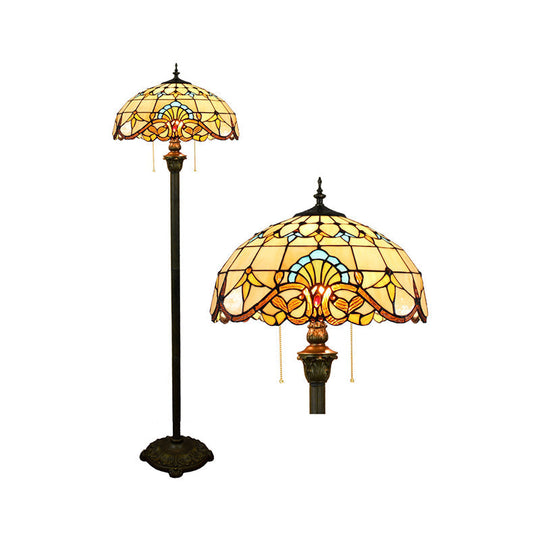 Tiffany Dome Shade Floor Lamp - Handcrafted Glass Pull Chain 2 Bulbs