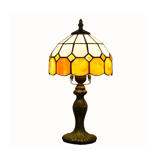 Yellow Single-Bulb Nightstand Lamp With Classic Gridded Glass Design - Perfect For Living Room