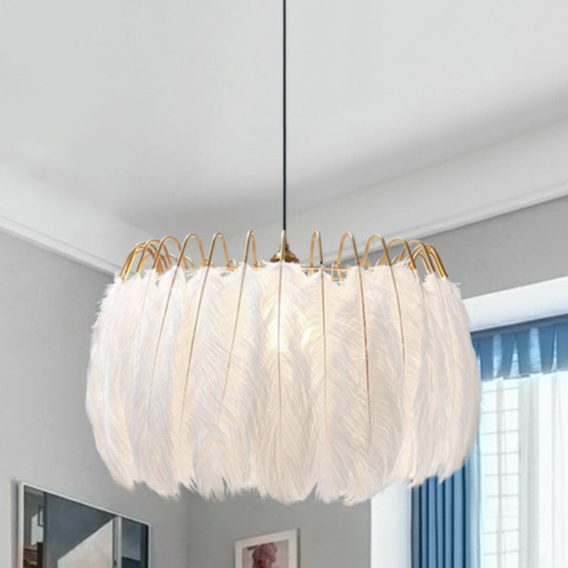 Modern White Feather Pendant Light For Living Room - Round Shape Hanging Ceiling